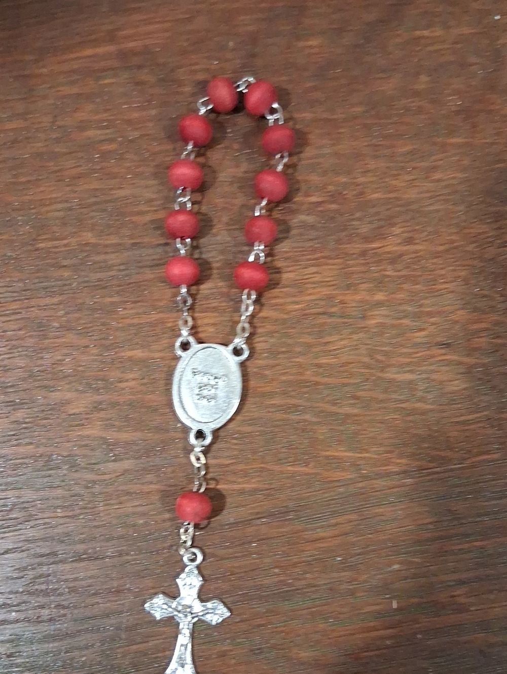 Red Bead Rosary Bracelet with Silvertone Cross FIRM